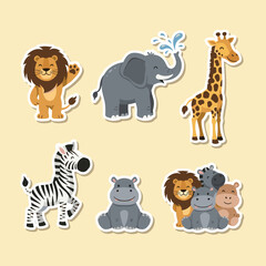 Obraz premium Cute wild animal sticker pack featuring lion elephant zebra and hippo