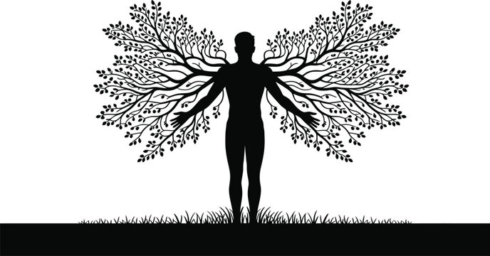 Human silhouette with spreading tree branch arms concept silhouette branches connection wellness evolution meditation abstract illustration isolated consciousness mindfulness serenity