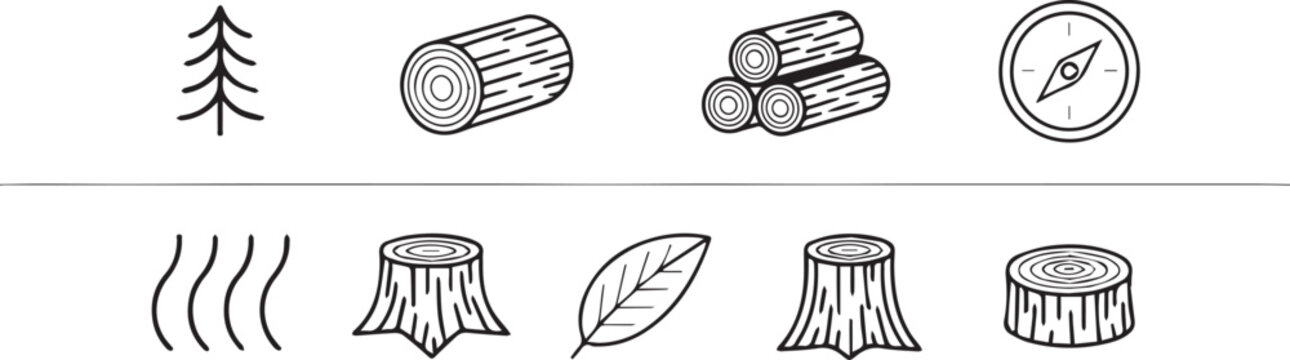 Wood logs and tree icons with compass and leaf