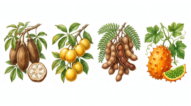 African Exotic Fruit Collection Isolated On White Background