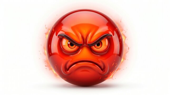 Fiery red angry emoji, a 3D rendered furious emoticon with glowing orange eyes and a scowling face, depicting intense rage and frustration, ideal for digital communication and emotional