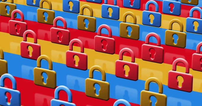 Conceptual image of cyber security and digital data protection multiple 3d symbol looped and seamless object pattern animation