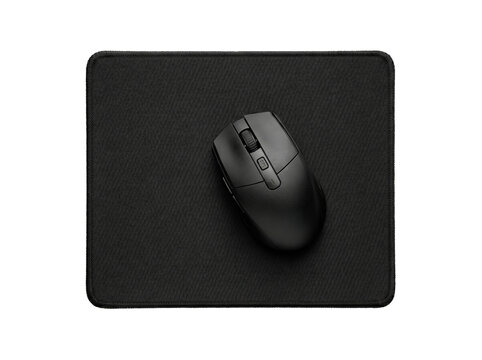 Black wireless computer mouse resting on a black textured mousepad isolated on white background