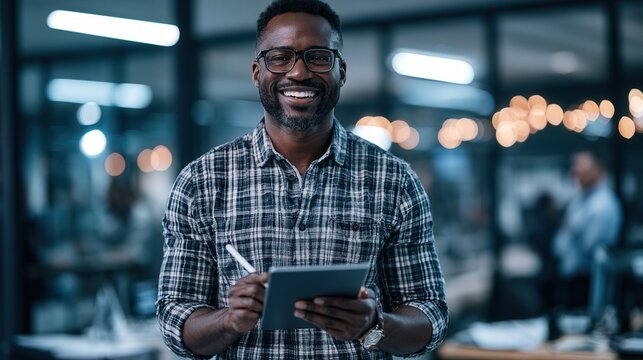 Confident man smiles while holding tablet