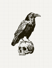 Obraz premium Vintage Raven on Skull Engraving Illustration