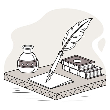 Quill Pen with Inkwell and Stacked Books on Carved Wood Table in Neutral Shades