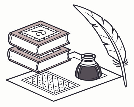 Stacked Books with Quill Pen and Ink Pot on Calligraphy Paper in Purple and Black on White Surface