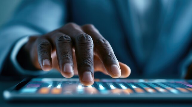 Hand presses keys on glowing keyboard