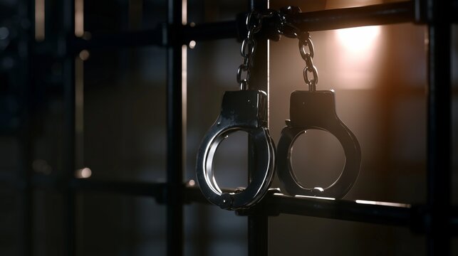 Criminal justice concept, a handcuffs attached to black prison bars, dark blurred detention background, investigative journalism theme,law enforcement and legal system concept, space for breaking news