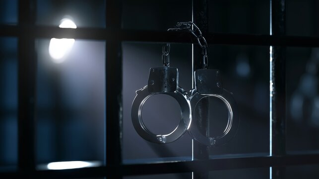 Criminal justice concept, a handcuffs attached to black prison bars, dark blurred detention background, investigative journalism theme,law enforcement and legal system concept, space for breaking news