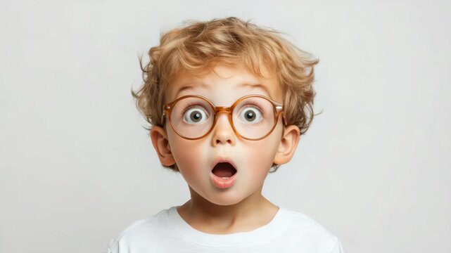 Surprised young boy with glasses showing shock and disbelief on his face