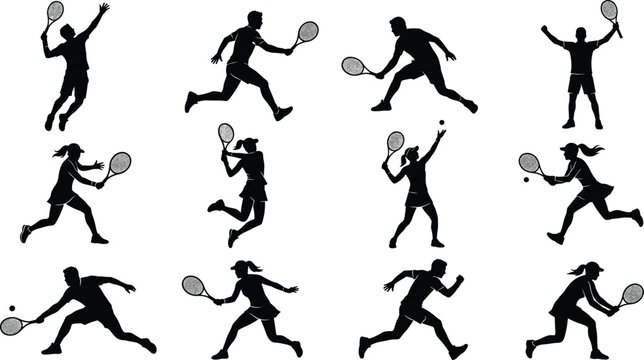 Collection of black silhouettes of male and female tennis players in various action poses on a white background