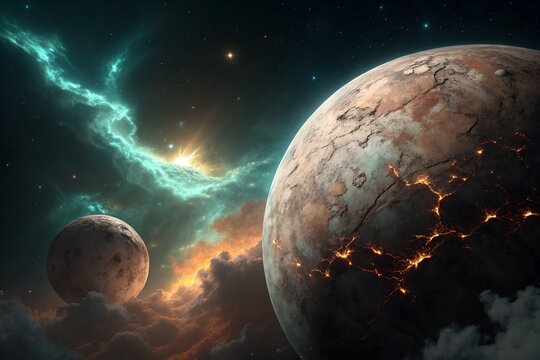 Massive textured rocky planet with glowing golden fissures sits beside a smaller celestial moon against a backdrop of vibrant turquoise nebula clouds and brilliant starlight in deep outer space scener