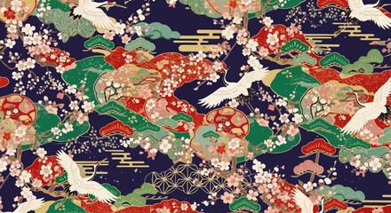 Naklejka premium Vibrant Traditional Japanese Kimono Fabric Pattern with Cherry Blossoms