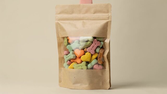 Medium shot of a pet treats kraft paper bag with a laminated clear window displaying colorful dog biscuits emphasizing ecofriendly and attractive packaging.