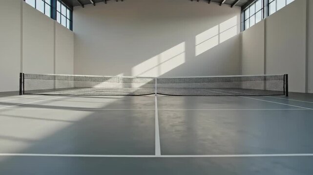 Sunlit indoor tennis court with white lines, net in center, and high ceiling; large windows cast shadows