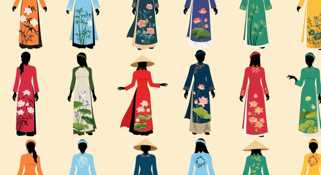 Vibrant traditional Vietnamese ao dai dresses and conical hats pattern