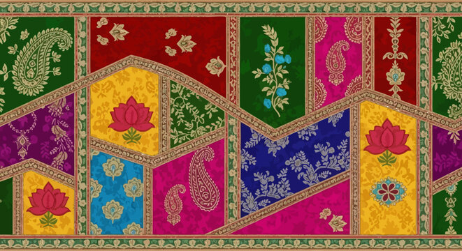 Vibrant Paisley and Floral Patchwork Border Design