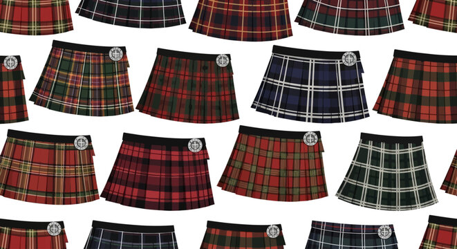 Collection of Various Colorful Traditional Scottish Kilts