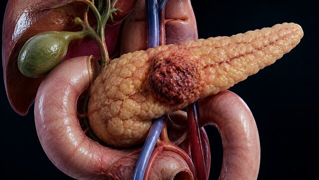 Pancreatic Cancer with Malignant Tumor Growth in the Pancreas and Digestive System Anatomy, Medical Illustration