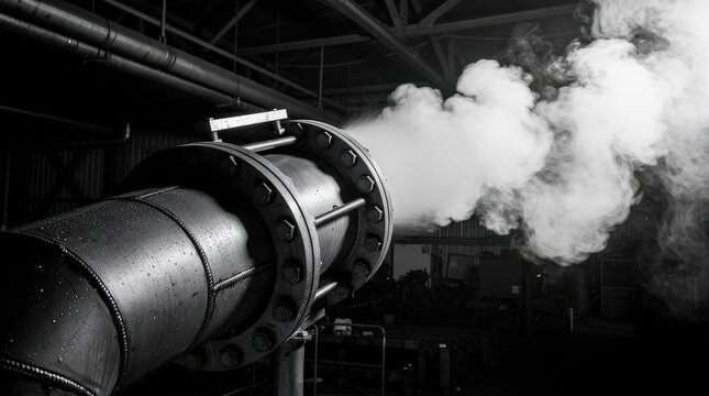 A black and white image of a pipe emitting steam, showcasing industrial elements and moisture on the surface, set against a background of machinery.