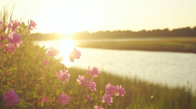 Blooming pink marsh flowers basking in the bright sunlight