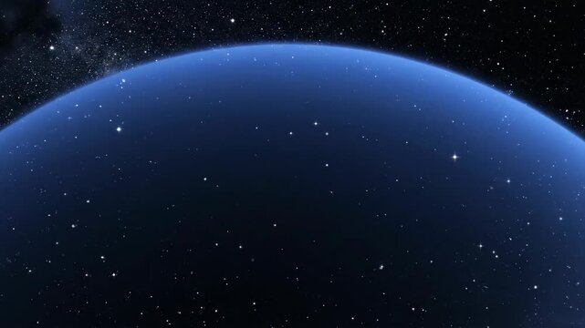 Curved horizon of a blue planet with stars scattered across a dark, starry sky