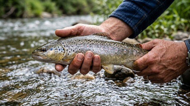 Close up of a persons hands holding a freshly caught brown trout over a flowing river.