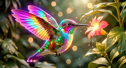 Obraz premium Exquisite rainbow hummingbird hovering near a glowing tropical flower in a lush garden.