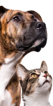 Dog and cat looking up, friendship between different species