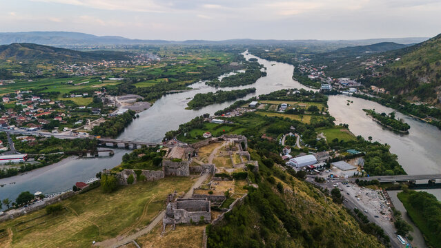 Aerial view of Rozafa Castle in Shkod&euml;r, Albania. Historical fortress panorama with Drin and Buna rivers, bridge, and scenic Balkan landscape