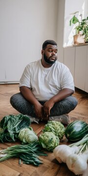 Man considering healthy diet with fresh vegetables