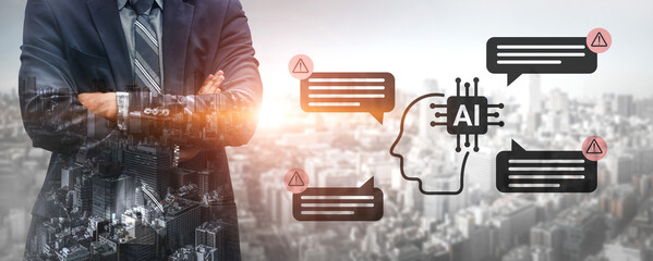 A business professional stands confidently amidst a modern cityscape, showcasing artificial intelligence elements that emphasize communication and risk awareness in technology. Gantry © InfiniteFlow