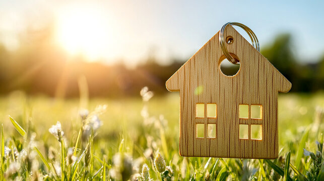 Wooden house keychain on grass during sunset. Concept of property ownership and dream home purchase.