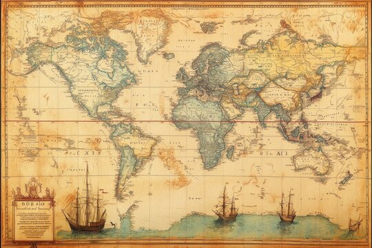 Historical world map showing trade route antique cartography vintage map old paper navigation chart global geography ocean route voyage record parchment texture merchant ship