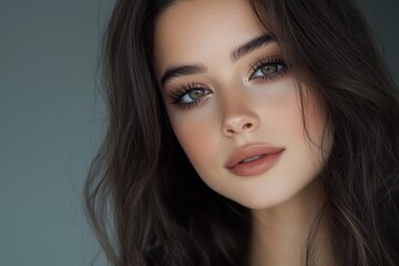 Naklejka premium Beauty portrait young woman dark hair natural makeup smoky eye bronze eyeshadow soft skin face close up studio lighting