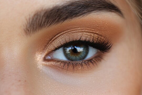 Gold eyeshadow metallic pigment eye makeup close up female eye eyebrow eyelashes makeup tutorial beauty skin tone