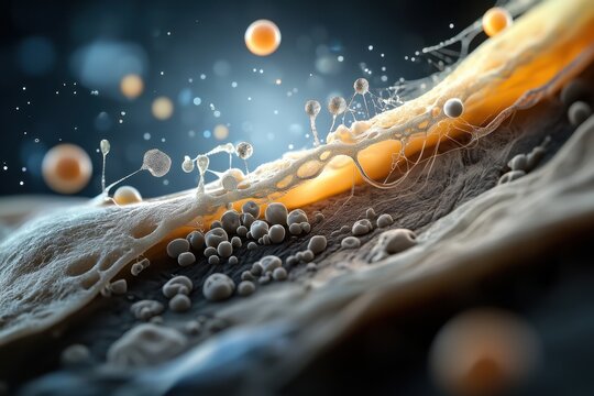 Microscopic hair strand skin surface fungal cell bacteria colony digital illustration close up view microscopic view fiber strand scalp care hair damage skin texture organic surface yellow light