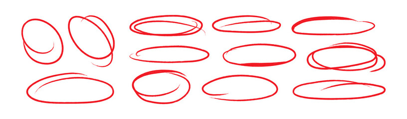 Collection of circular strokes marker felt pen scribbles doodle line. Hand drawn outline sketch wave brush circle mark elements rough set for text highlight ovals, PNG. © sotejarts