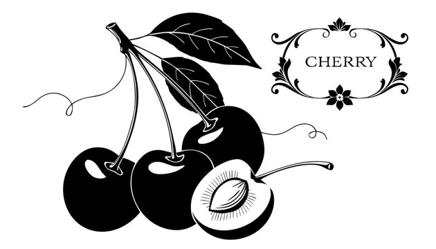Very beautiful black-and-white engraved vector illustration featuring whole CHERRIES attached to a stem, a sliced cherry showing the pit, leaves, and a decorative botanical label reading "CHERRY", ren