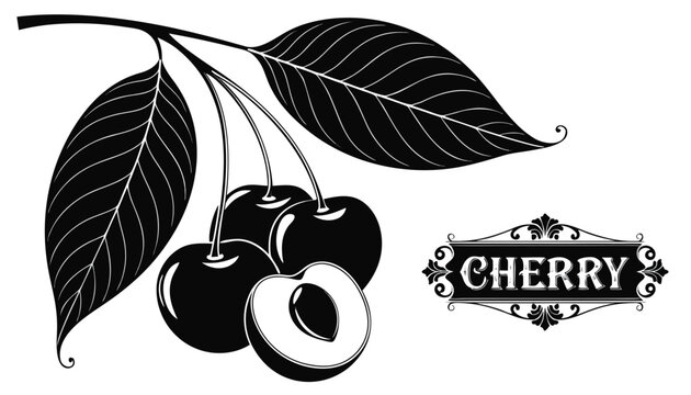 Very beautiful black-and-white engraved vector illustration featuring whole CHERRIES attached to a stem, a sliced cherry showing the pit, leaves, and a decorative botanical label reading "CHERRY", ren