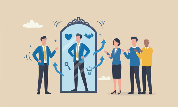  Self acceptance teams together respect yourself, key to success, confidence and positive thinking, attitude or mindset for leader concept, confidence businessman appreciate his self reflection