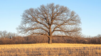 Fototapeta premium A solitary bare oak tree in a golden field under a blue sky