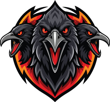 Fierce three headed crow mascot logo with red eyes
