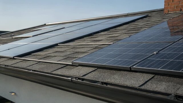 Medium shot featuring ridge accent solar asphalt shingles with embedded photovoltaic cells focusing on innovative sustainable roofing details and seamless solar installation.
