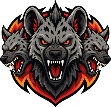 Fierce three headed wolf mascot logo with red eyes and flames
