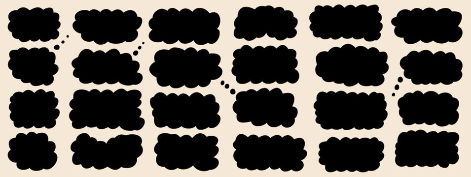 Cloud shape speech bubble and fluffy frame with label scallop stickers set. Promo badge silhouette in flat simple shapes. Cutouts with wavy edges element. Border cloud vector fluffy label for promo
