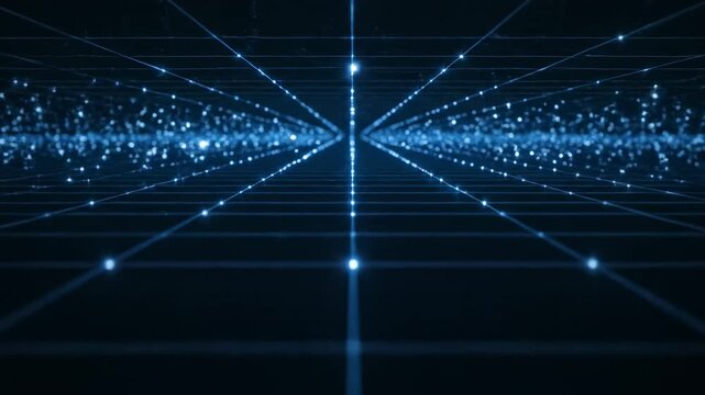 A perspective grid composed of illuminated nodes creates an abstract, infinite tunnel