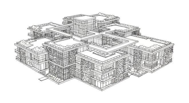 Isometric Architectural Line Drawing of a Modern Multi-Storey Building Complex and Urban Development Plan
