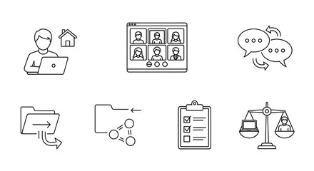 Fototapeta premium Workflows for remote communication and data management are illustrated with simple black line icons against a stark white background.